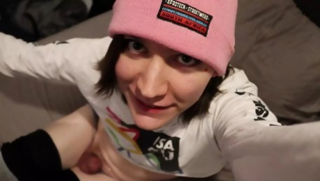 Cute Skater Femboy Jerks off and eats her own cum